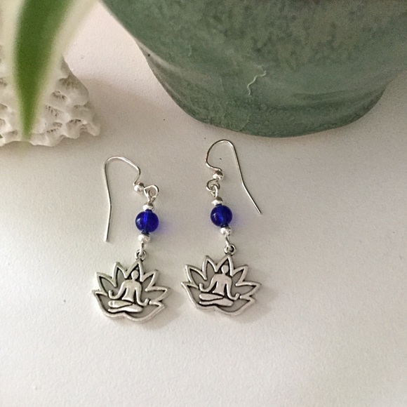 Yoga Earrings, Lotus Earrings, Cobalt Blue Earring - Picture 7 of 7